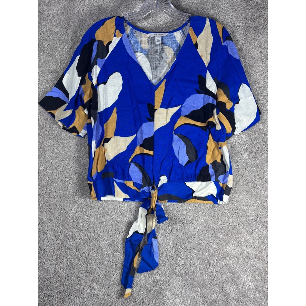 NINE WEST Women's Blue Abstract Print Tie Front Blouse Top XS